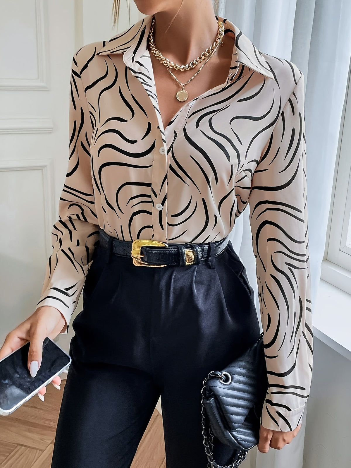 Women's Printed Long Sleeve Blouse – Relaxed Patterned Shirt Blouse