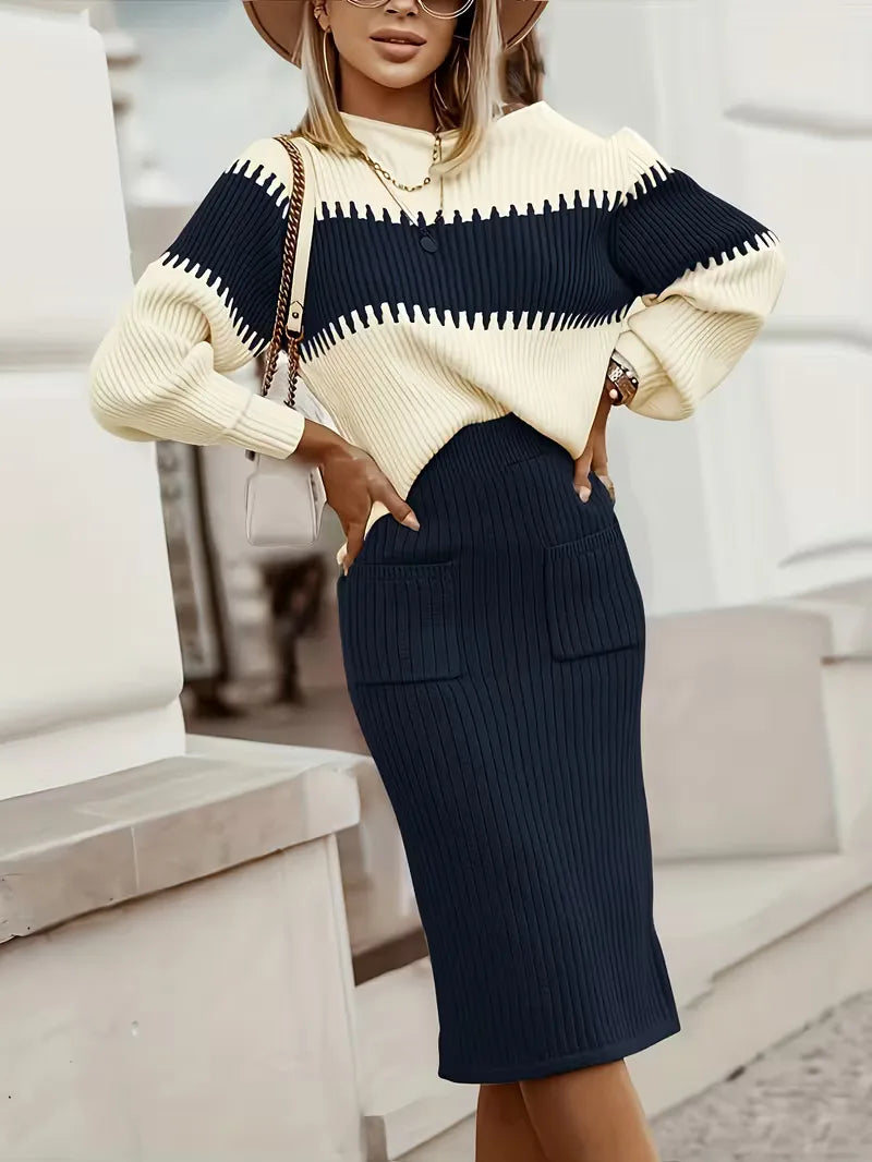 Women's Ribbed Knit Skirt Set – High Neck Sweater Co-Ord