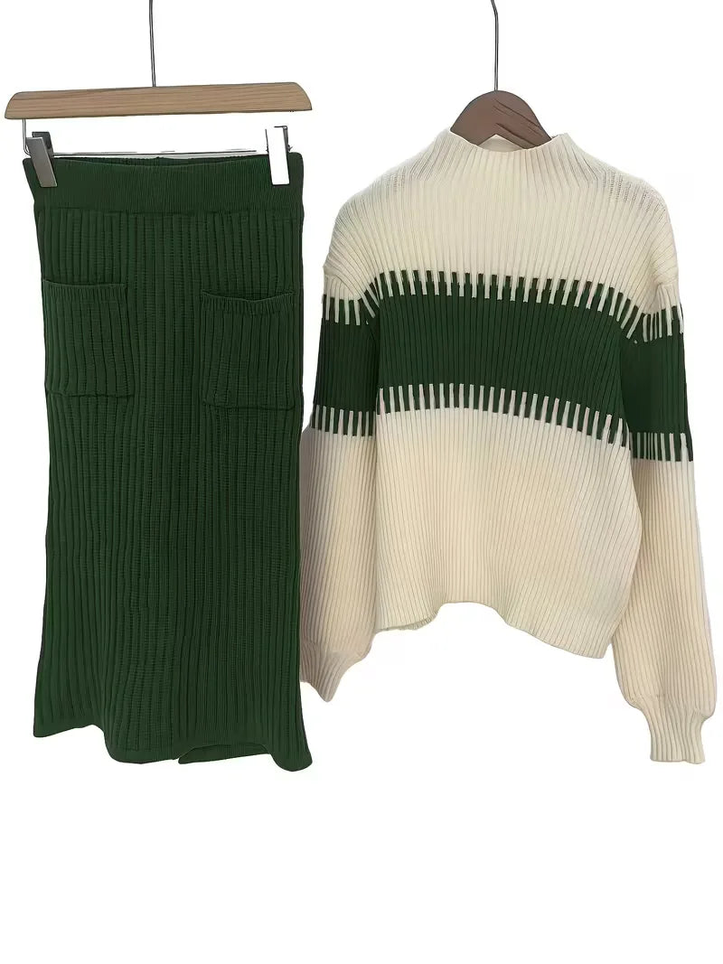 Women's Ribbed Knit Skirt Set – High Neck Sweater Co-Ord