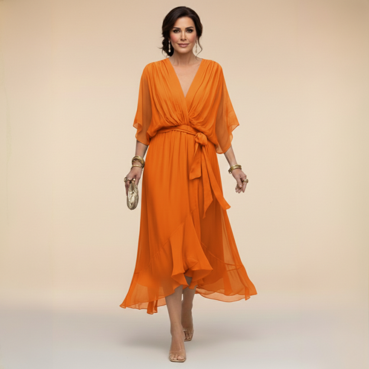 Women's V-Neck Summer Dress – Three-Quarter Sleeve Flowy Dress