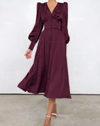 Women's V-Neck Wedding Guest Maxi Dress – Lantern Sleeve Flowy Formal Dress