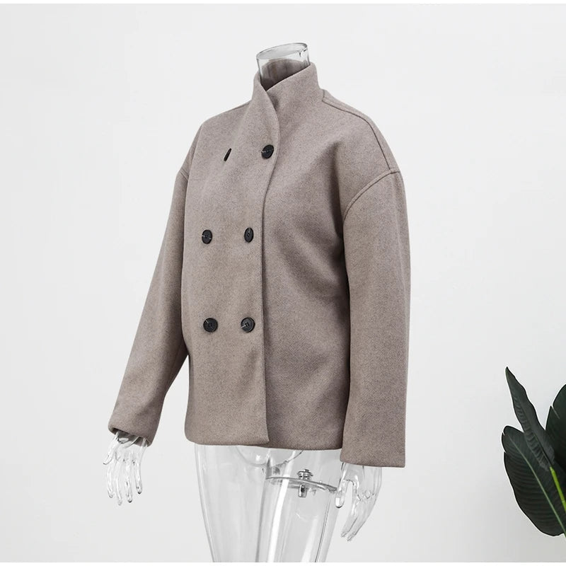 Women's Double-Breasted Winter Coat – Relaxed Stand Collar Overcoat