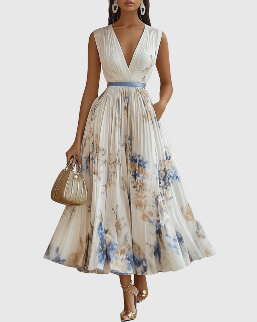 Women's Pleated Wedding Guest Midi Dress – Sleeveless Floral Occasion Dress