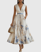 Women's Pleated Wedding Guest Midi Dress – Sleeveless Floral Occasion Dress