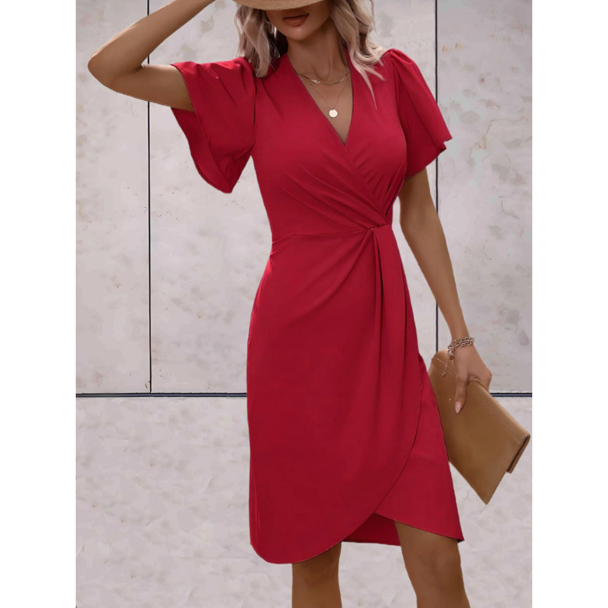 Women's Billowy Sleeve Wrap Dress – V-Neck Flowy Cocktail Dress