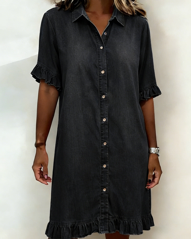 Women's Shirt Dress – Flounce Sleeve Button Front Knee-Length Dress