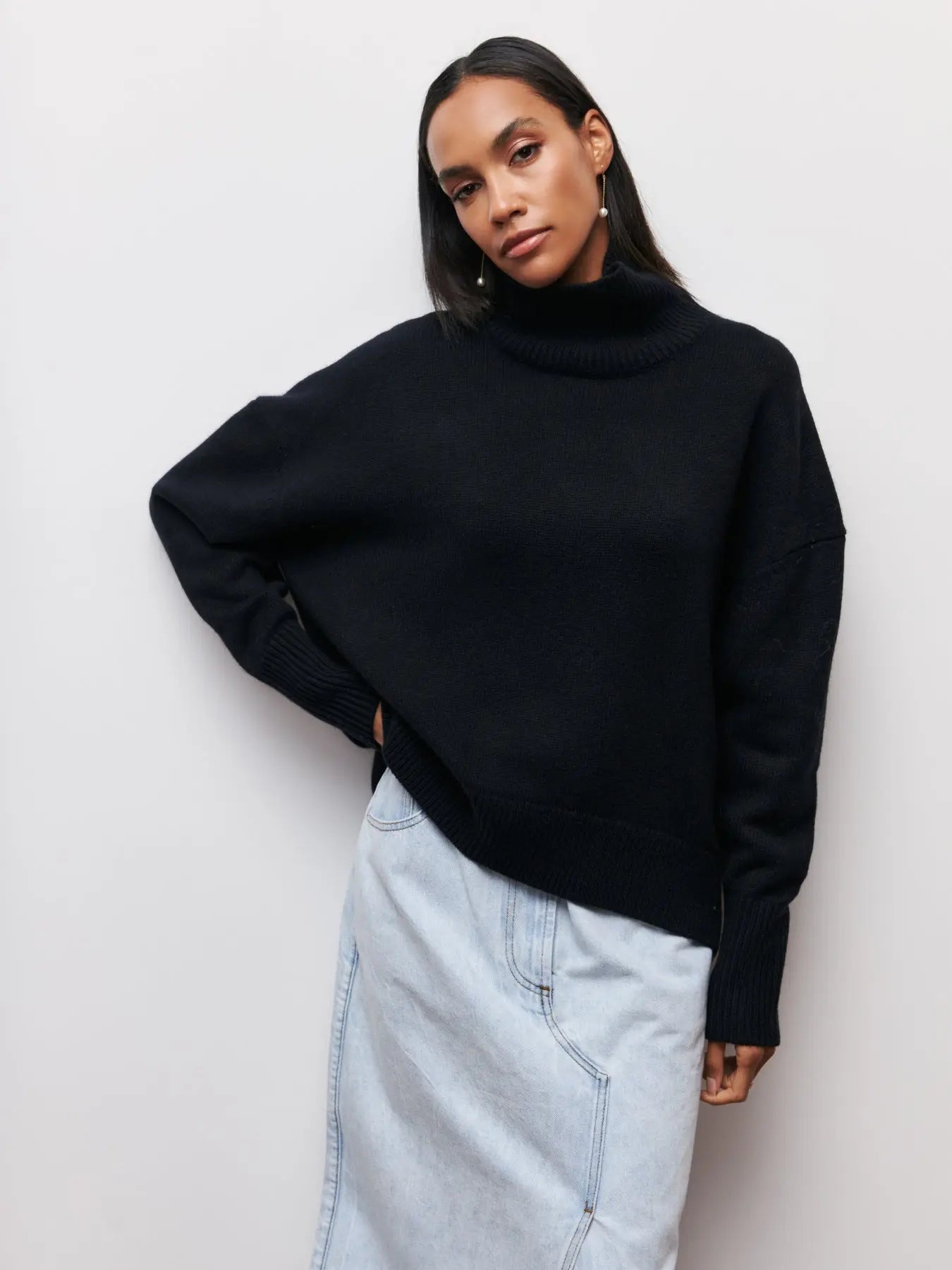 Women's Long Neck Knit Sweater – Slouchy Turtleneck Pullover