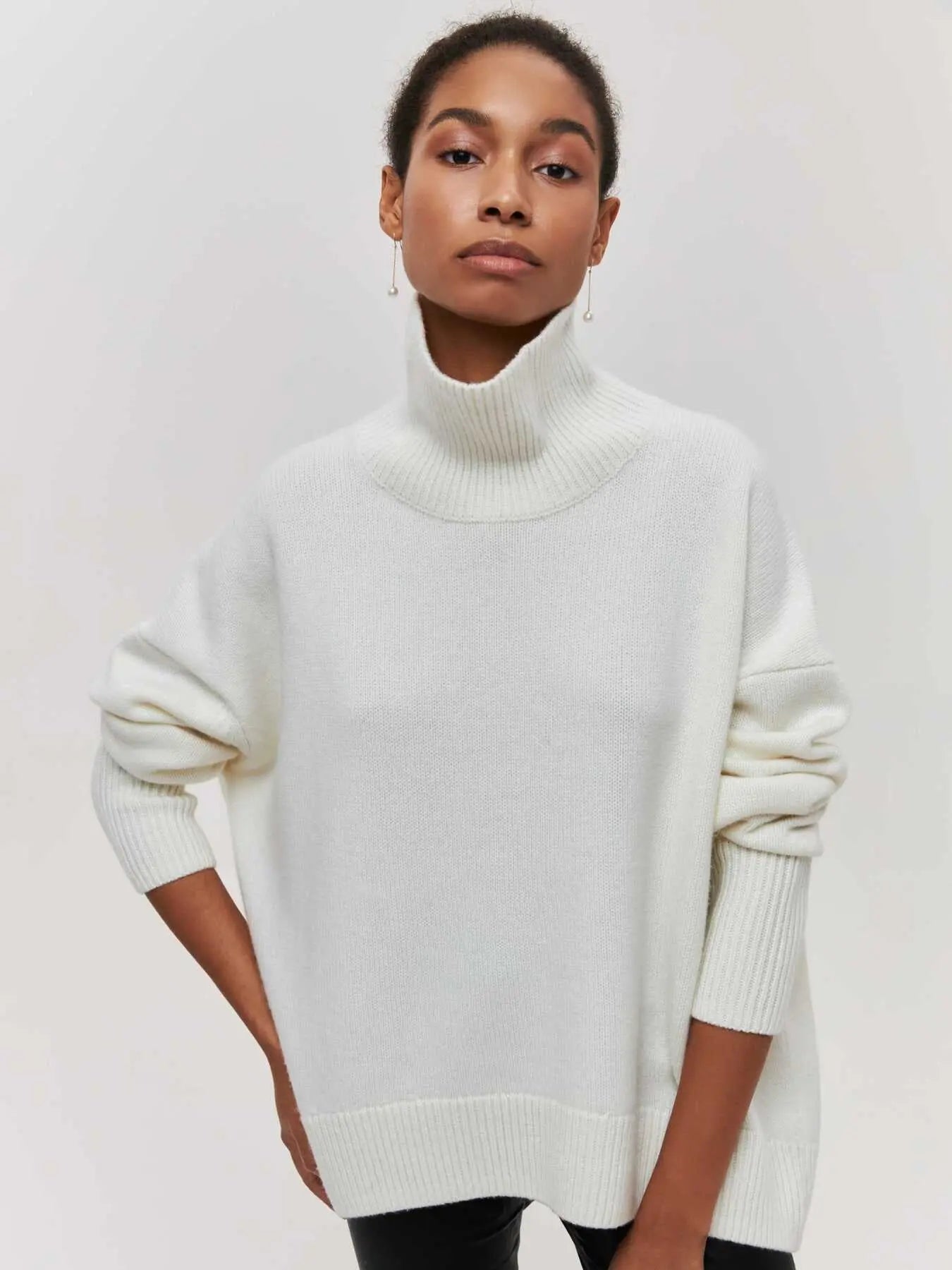 Women's Long Neck Knit Sweater – Slouchy Turtleneck Pullover