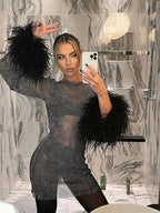 Women's Sheer Feather Evening Dress – Statement Trim Cocktail Party Dress