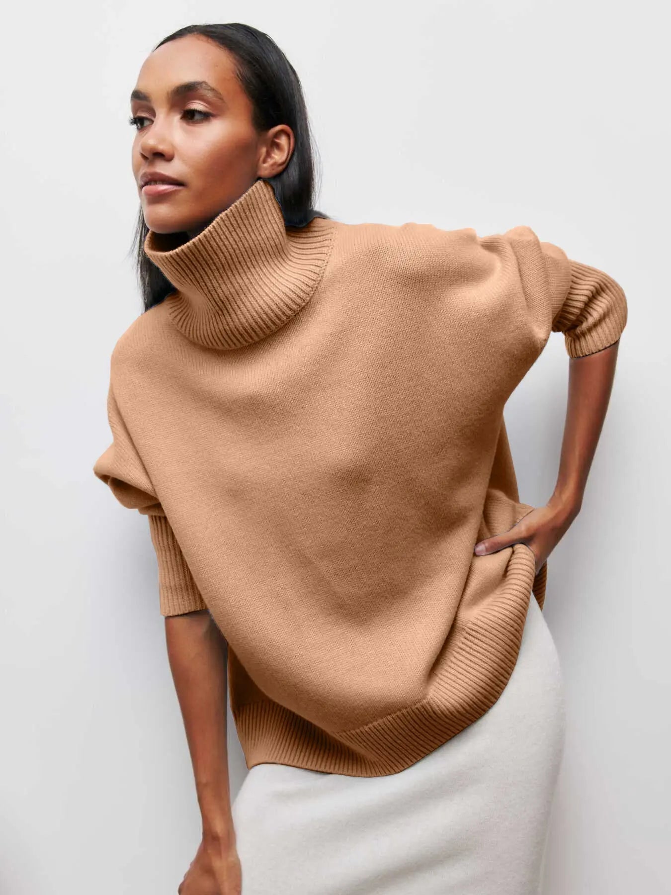 Women's Long Neck Knit Sweater – Slouchy Turtleneck Pullover