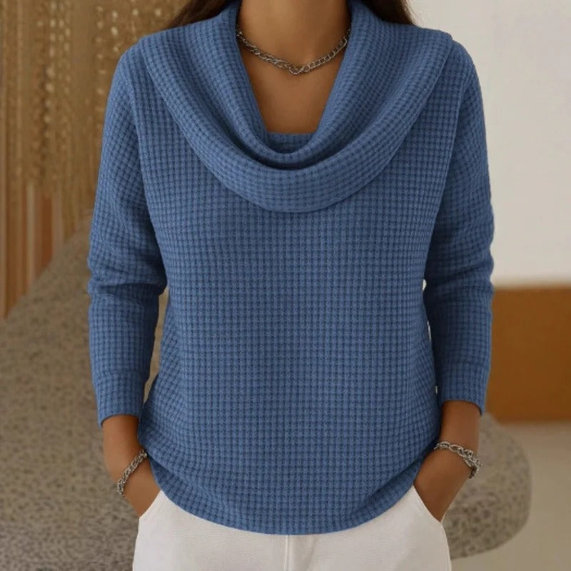 Women's Waterfall Neck Sweater – Waffle Knit Relaxed Pullover