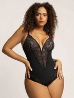 Women's Sheer Plunging Lace Bodysuit – Deep V-Neck Lingerie Bodysuit
