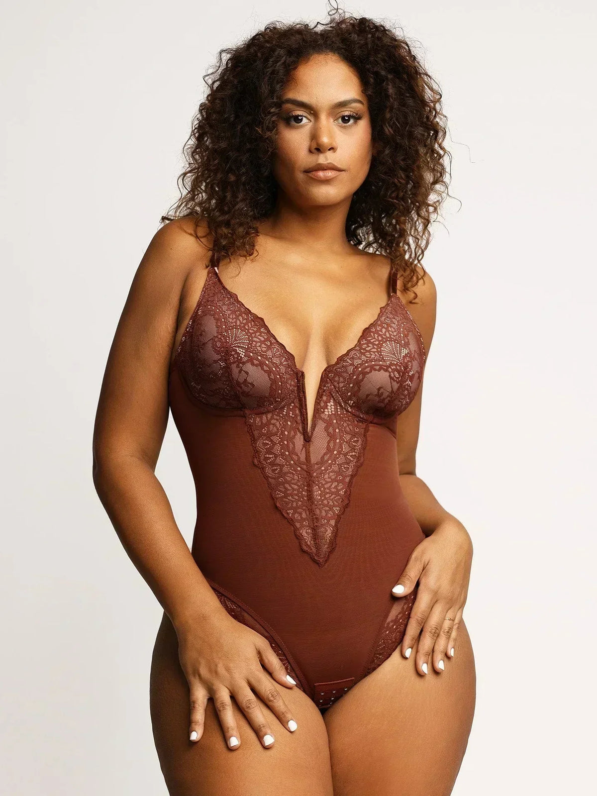 Women's Sheer Plunging Lace Bodysuit – Deep V-Neck Lingerie Bodysuit