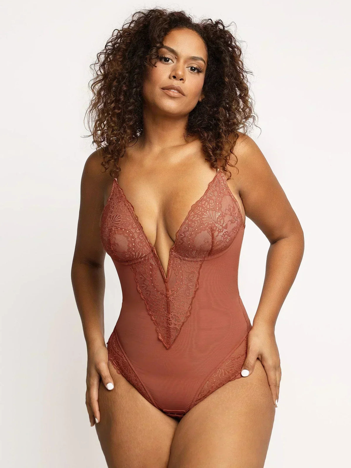 Women's Sheer Plunging Lace Bodysuit – Deep V-Neck Lingerie Bodysuit