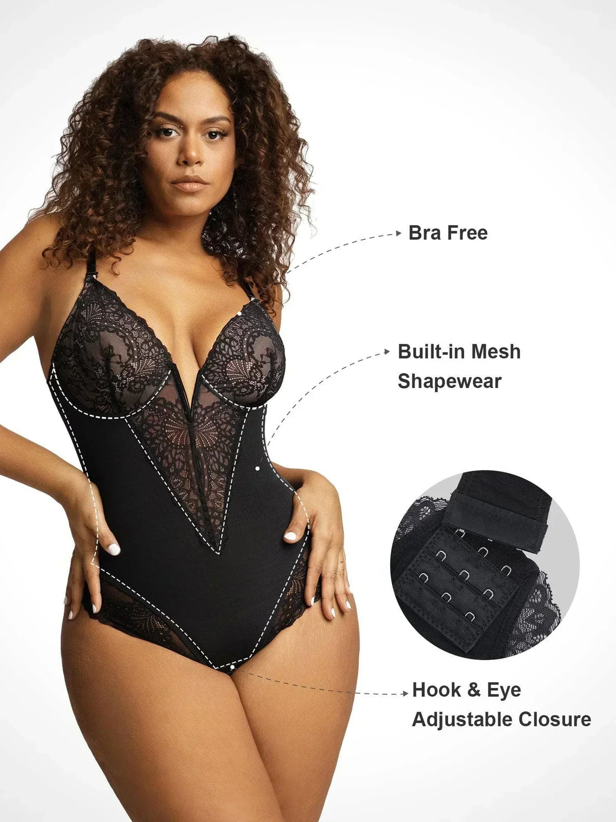 Women's Sheer Plunging Lace Bodysuit – Deep V-Neck Lingerie Bodysuit