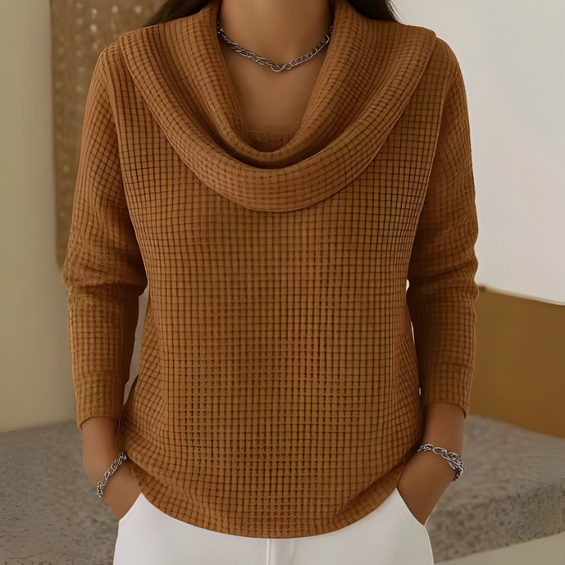 Women's Waterfall Neck Sweater – Waffle Knit Relaxed Pullover