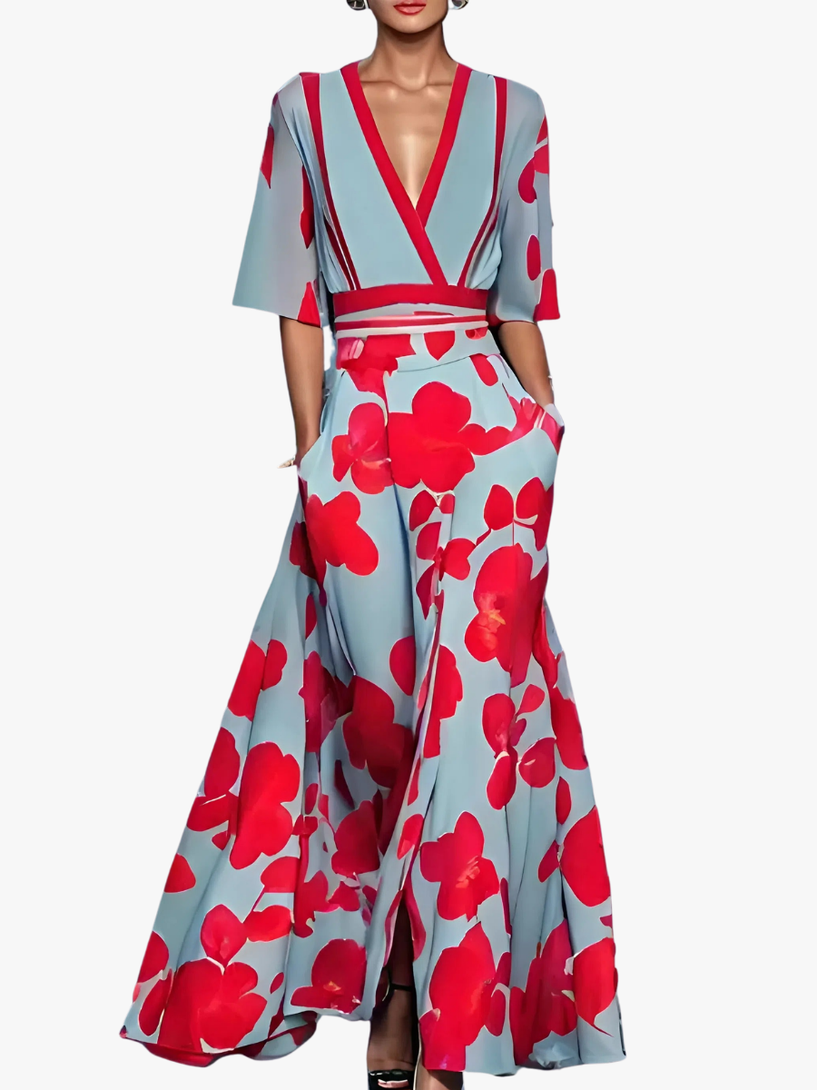 Women's Floral V-Neck Dress – Flowy Cinched Waist Dress
