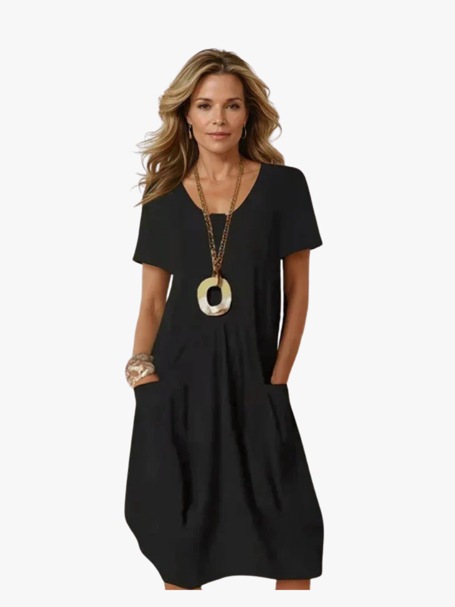 Women's A-Line Midi Dress – Round Neck Pocket Day Dress