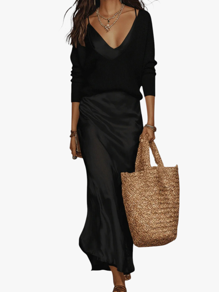 Women's Long Sleeve Two-Piece Set – Blouse & Midi Skirt Set