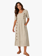 Women's Striped Midi Dress – Three-Quarter Sleeve Flowy Day Dress