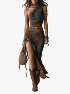 Women's Halter Midi Dress – Asymmetrical Ruffle Slit Boho Dress