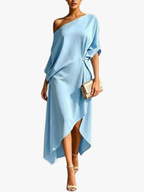 Women's One Shoulder Draped Wedding Guest Dress – Asymmetrical Formal Occasion Dress