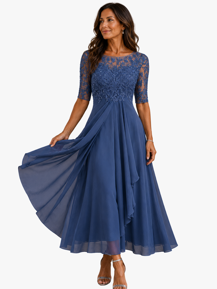 Women's Lace Bodice Wedding Guest Dress – Flowy Evening Occasion Dress