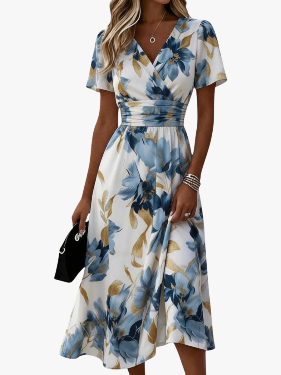 Women's V-Neck Floral Midi Dress – A-Line Gathered Waist Occasion Dress