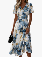 Women's V-Neck Floral Midi Dress – A-Line Gathered Waist Occasion Dress