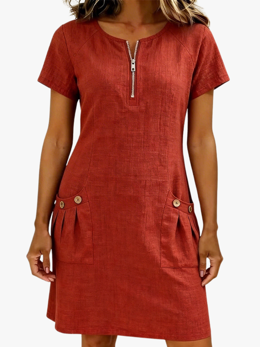 Women's Pocket A-Line Midi Dress – Short Sleeve Relaxed Day Dress