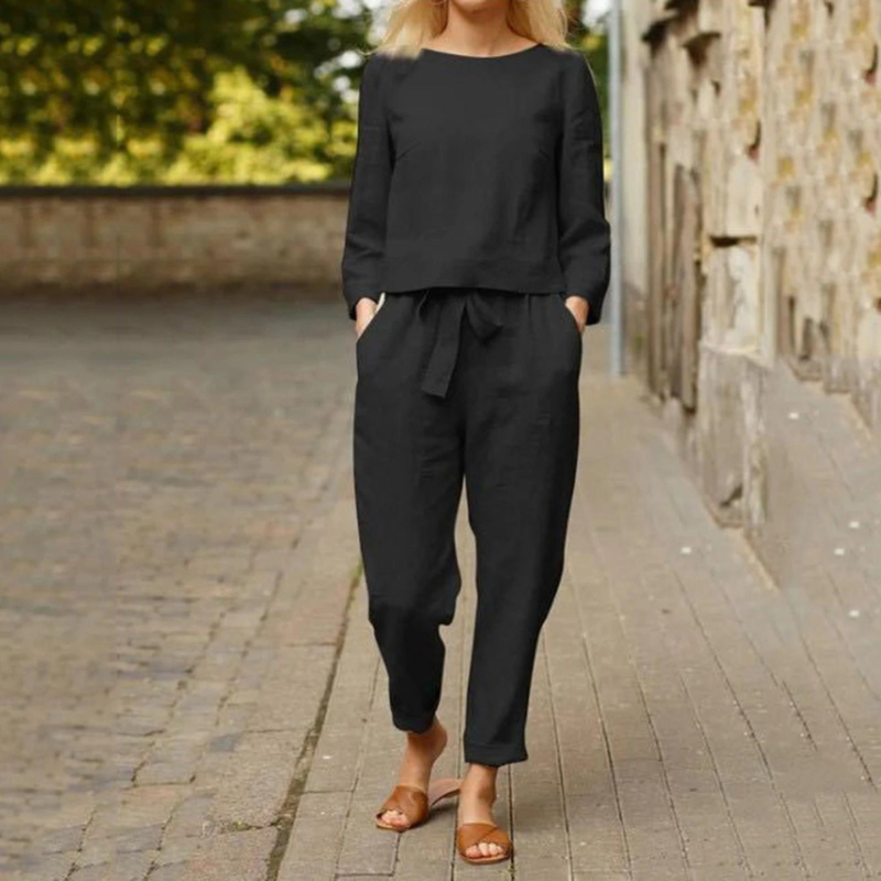 Women's Long Sleeve Pants Set – Relaxed Top & Wide Leg Trousers