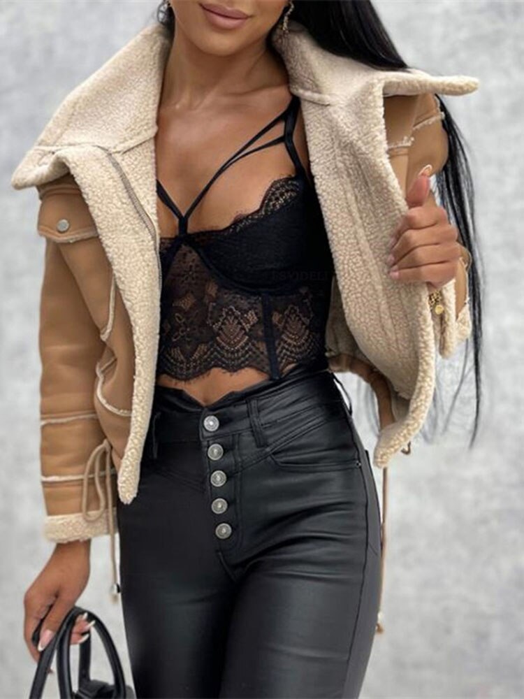 Women's Shearling Style Winter Jacket – Zip-Up Pocket Jacket