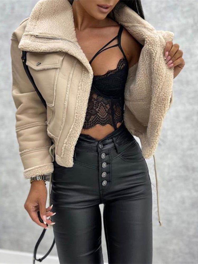 Women's Shearling Style Winter Jacket – Zip-Up Pocket Jacket