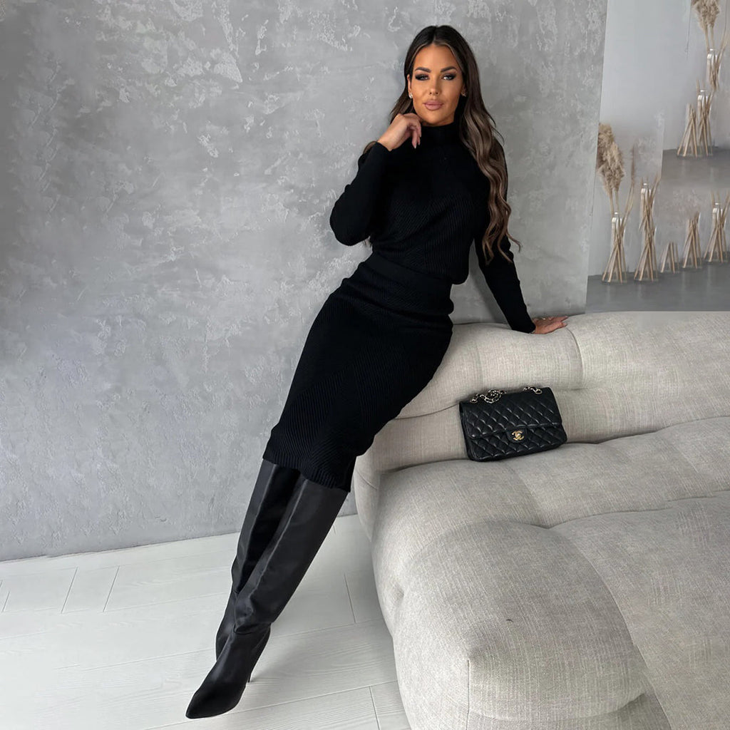 Women's Sweater Midi Skirt Set – Fitted Long Sleeve Two-Piece Set