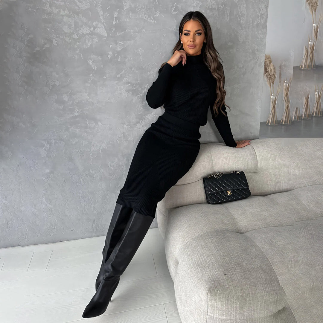 Women's Sweater Midi Skirt Set – Fitted Long Sleeve Two-Piece Set