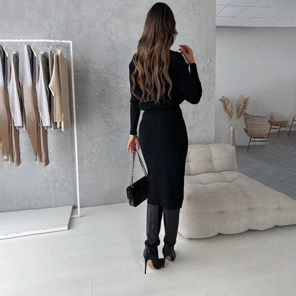 Women's Sweater Midi Skirt Set – Fitted Long Sleeve Two-Piece Set