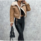 Women's Faux Leather Winter Coat – Zip-Up Pocket Jacket