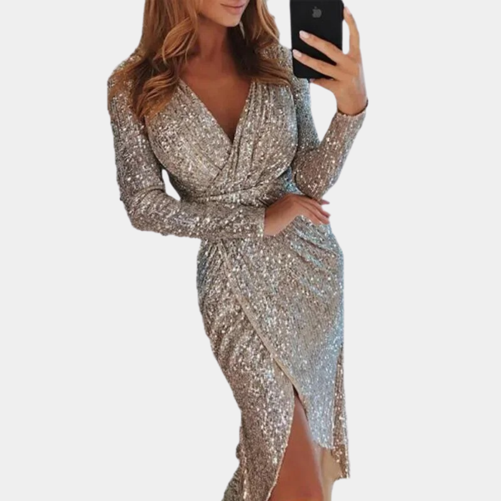 Women's Sequin Side Slit Dress – Fitted Sparkle Cocktail Dress