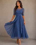 Women's Lace Bodice Wedding Guest Dress – Flowy Evening Occasion Dress