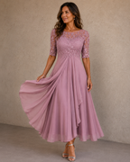 Women's Lace Bodice Wedding Guest Dress – Flowy Evening Occasion Dress