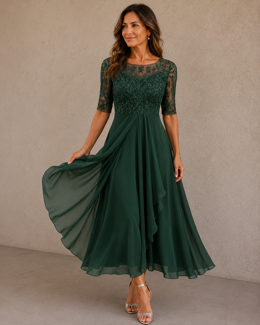 Women's Lace Bodice Wedding Guest Dress – Flowy Evening Occasion Dress