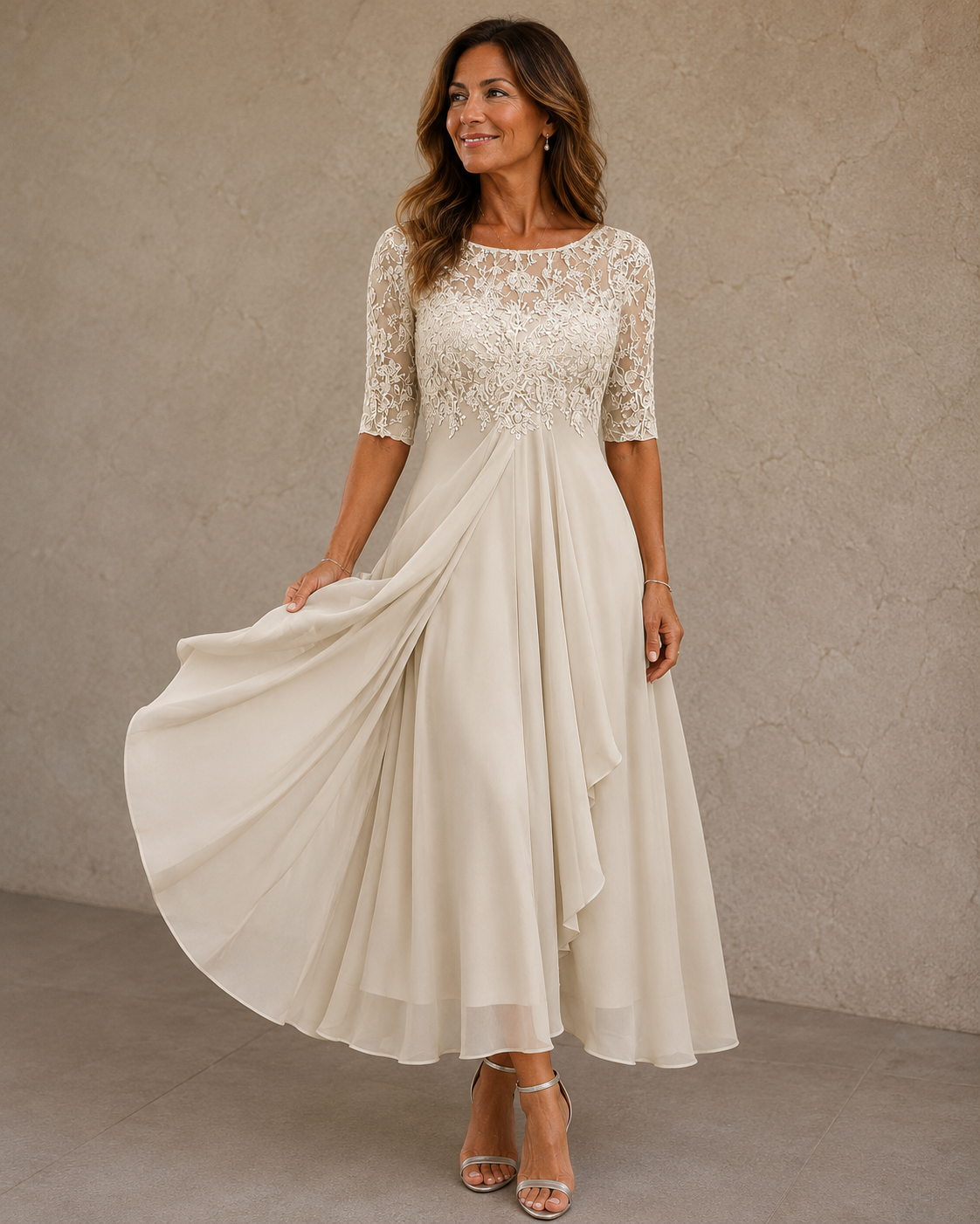 Women's Lace Bodice Wedding Guest Dress – Flowy Evening Occasion Dress
