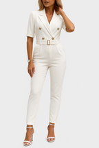 Women's Deep V-Neck Jumpsuit – Belted Lapel Wide Leg Jumpsuit