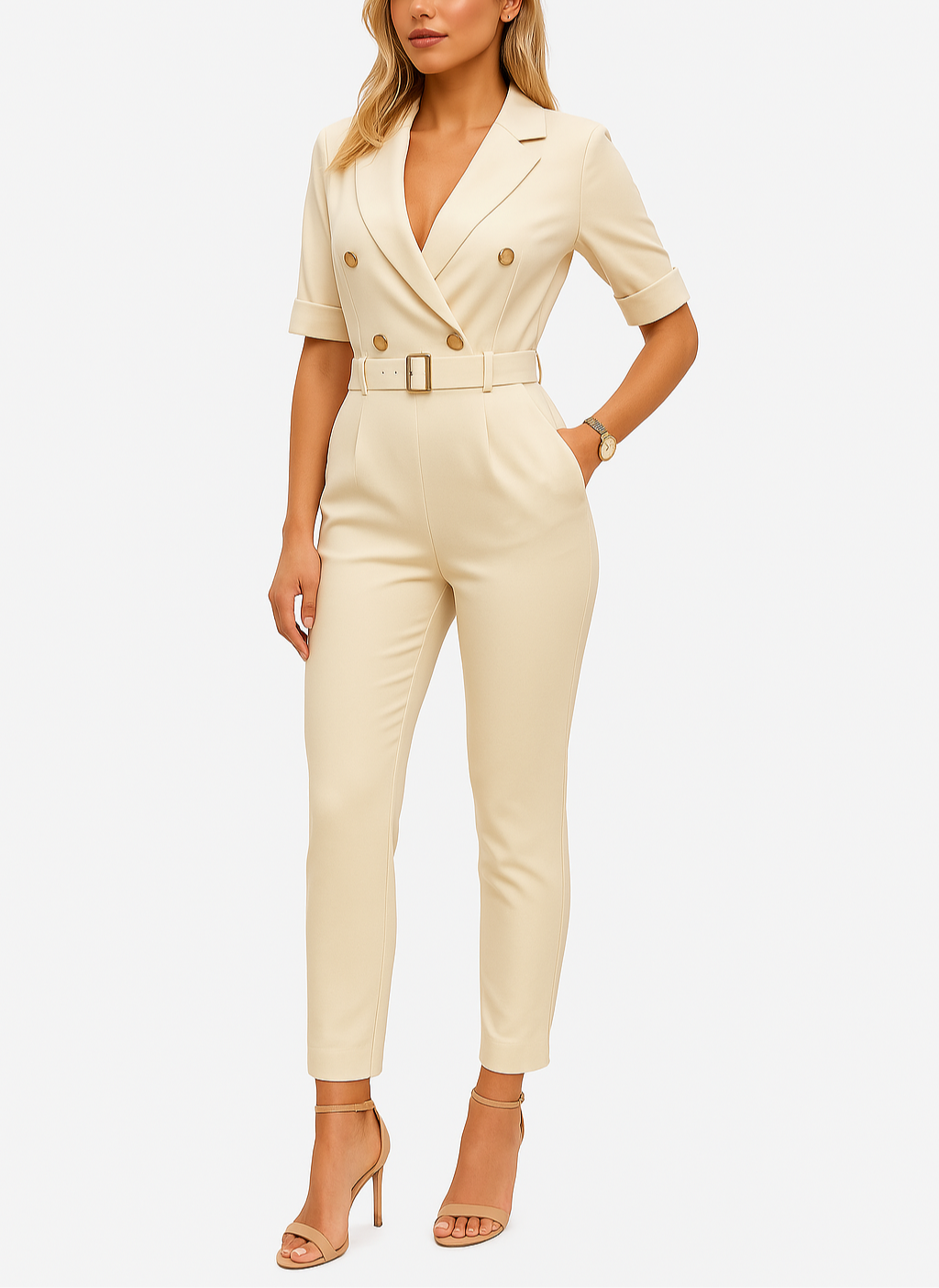 Women's Deep V-Neck Jumpsuit – Belted Lapel Wide Leg Jumpsuit