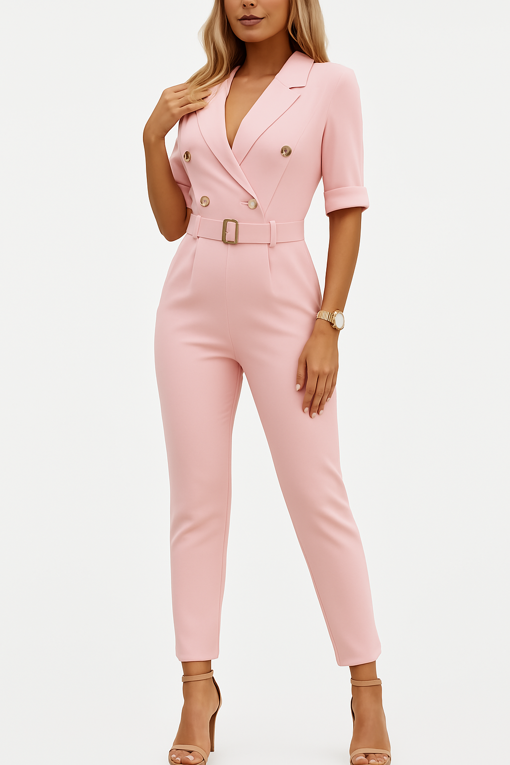 Women's Deep V-Neck Jumpsuit – Belted Lapel Wide Leg Jumpsuit