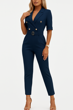 Women's Deep V-Neck Jumpsuit – Belted Lapel Wide Leg Jumpsuit