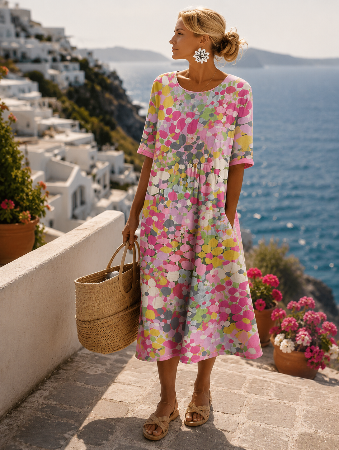 Women's Floral Summer Midi Dress – Short Sleeve Flowy Dress