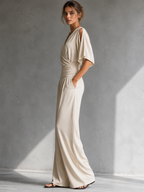 Women's V-Neck Wrap Wide Leg Jumpsuit – Open Shoulder Pocket Formal Jumpsuit