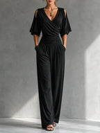 Women's V-Neck Wrap Wide Leg Jumpsuit – Open Shoulder Pocket Formal Jumpsuit