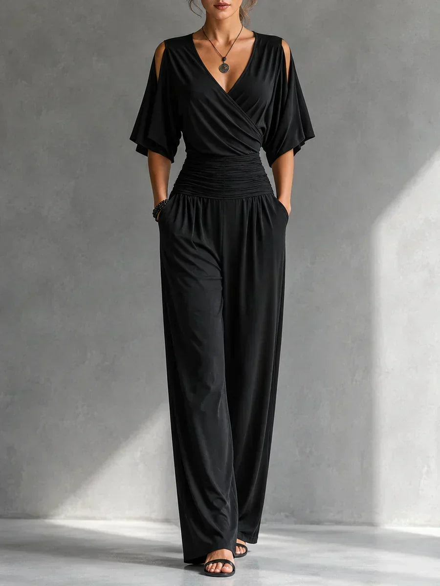 Women's V-Neck Wrap Wide Leg Jumpsuit – Open Shoulder Pocket Formal Jumpsuit